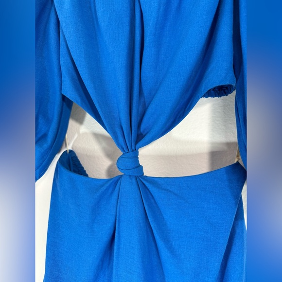 Farm Rio Linen Blend Midi Dress Blue Off-Shoulder Knot Cut-Out Women’s Small - Picture 12 of 16